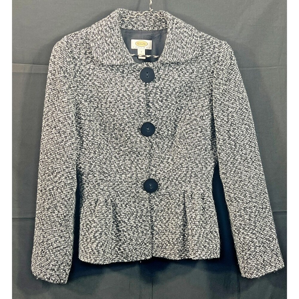 Talbots Petite Tweed Jacket Size 4 Black White Preppy Blazer